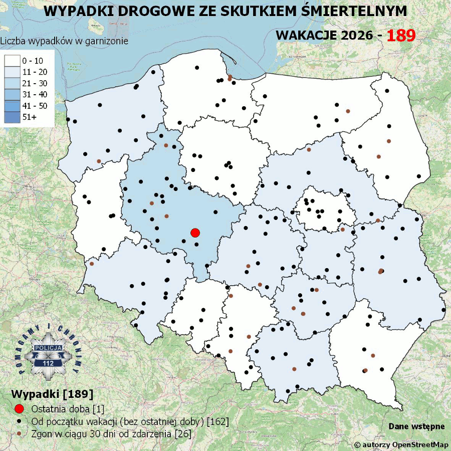Mapa prezentująca liczbę wypadków poprzedniej doby w Polsce. Prezentowane dane są dostępne w tekście poniżej.