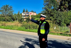 Policjant z uniesioną tarczą do zatrzymywania pojazdów