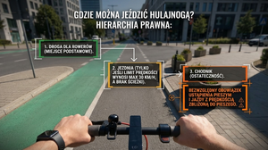 Na fotografi widoczne dłonie na kierownicy hulajnogi