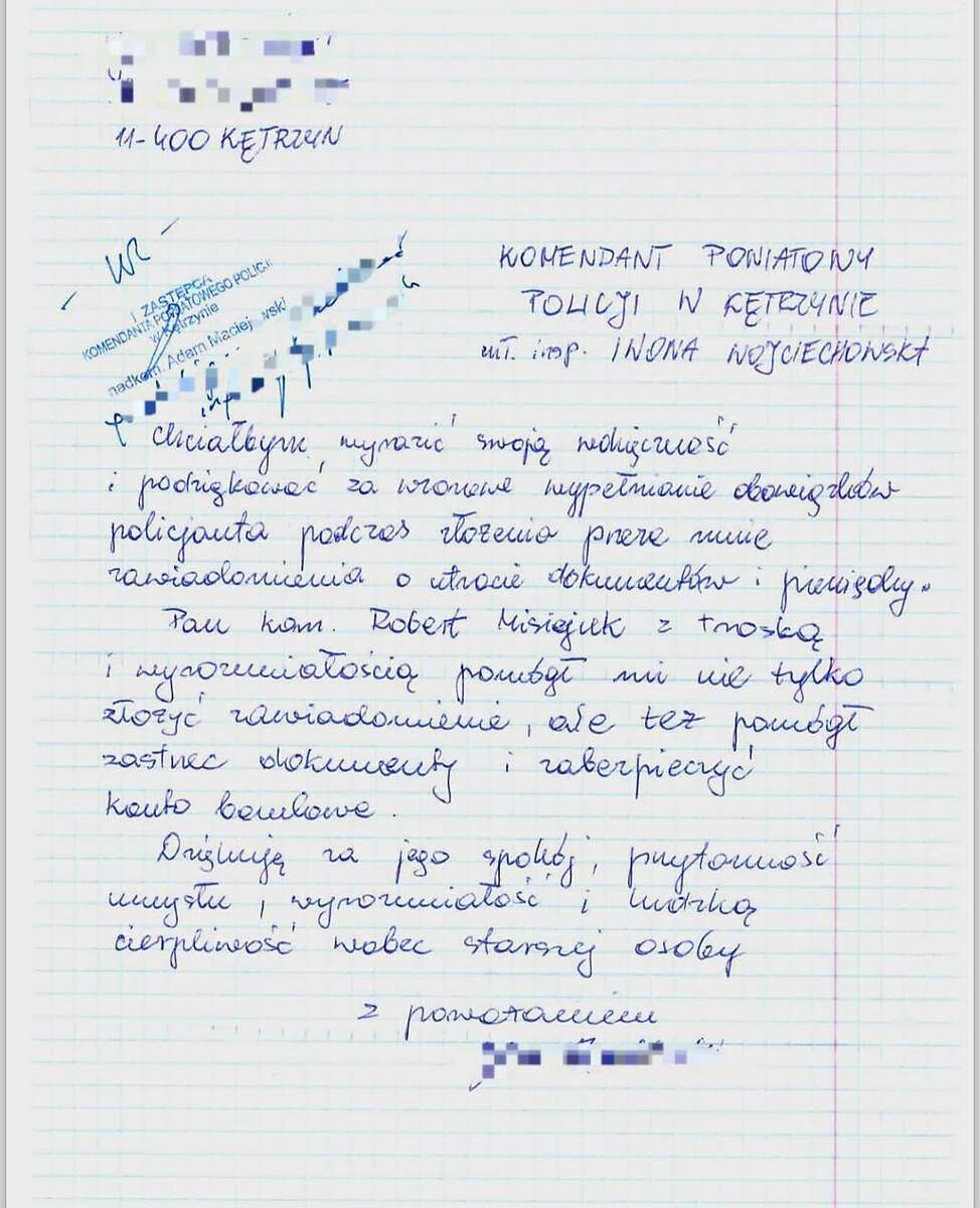 Podziękowania dla policjanta z Kętrzyna